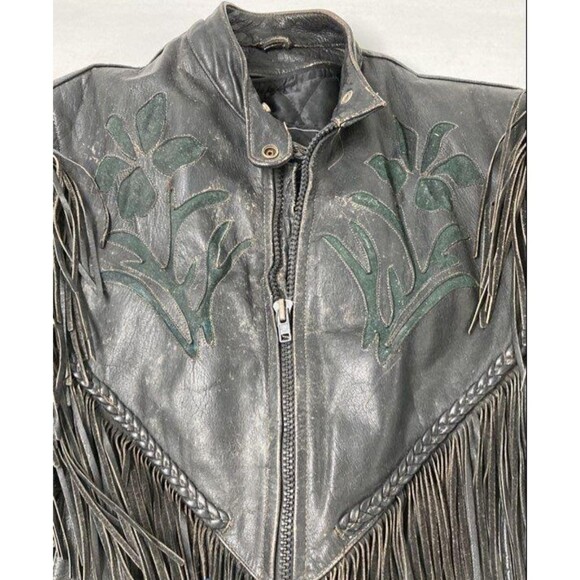 Unik Jackets & Blazers - VINTAGE Black Leather Floral Fringe RIDING Jacket Women's Size L
